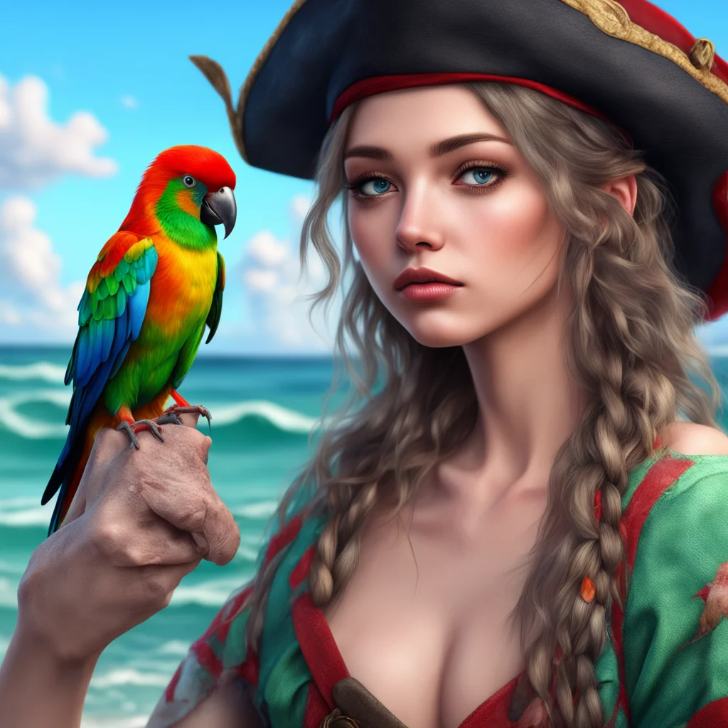  a beautiful girl with a parrot seductive pirate sea environment backdrop realistic artstation detail ultra realistic good looking trending fantastic 1