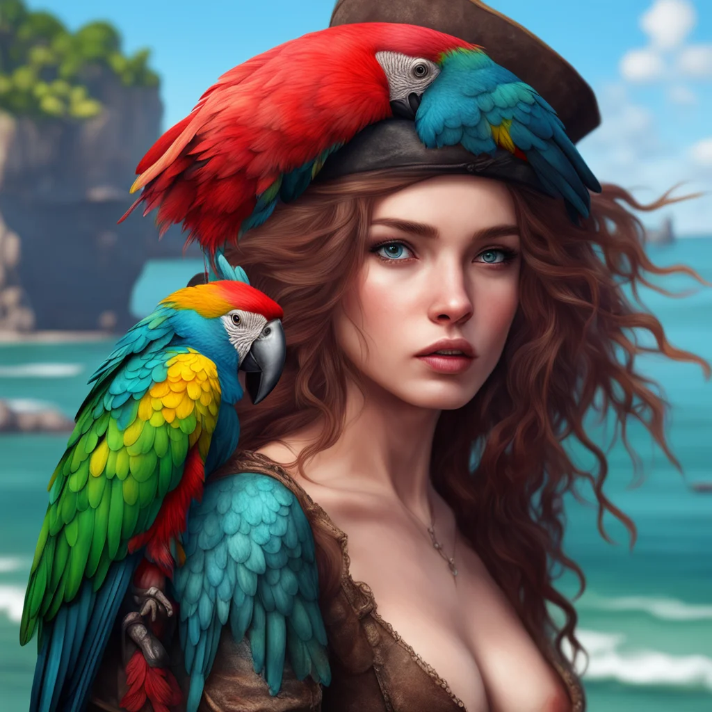 ai a beautiful girl with a parrot seductive pirate sea environment backdrop realistic artstation detail ultra realistic