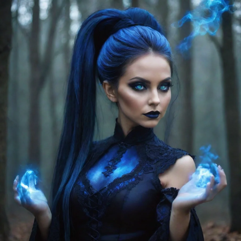  a beautiful gothic witches showing of her magicwomanmagic is dark and blue glowing coloredmagical glowing aurapowerfulul