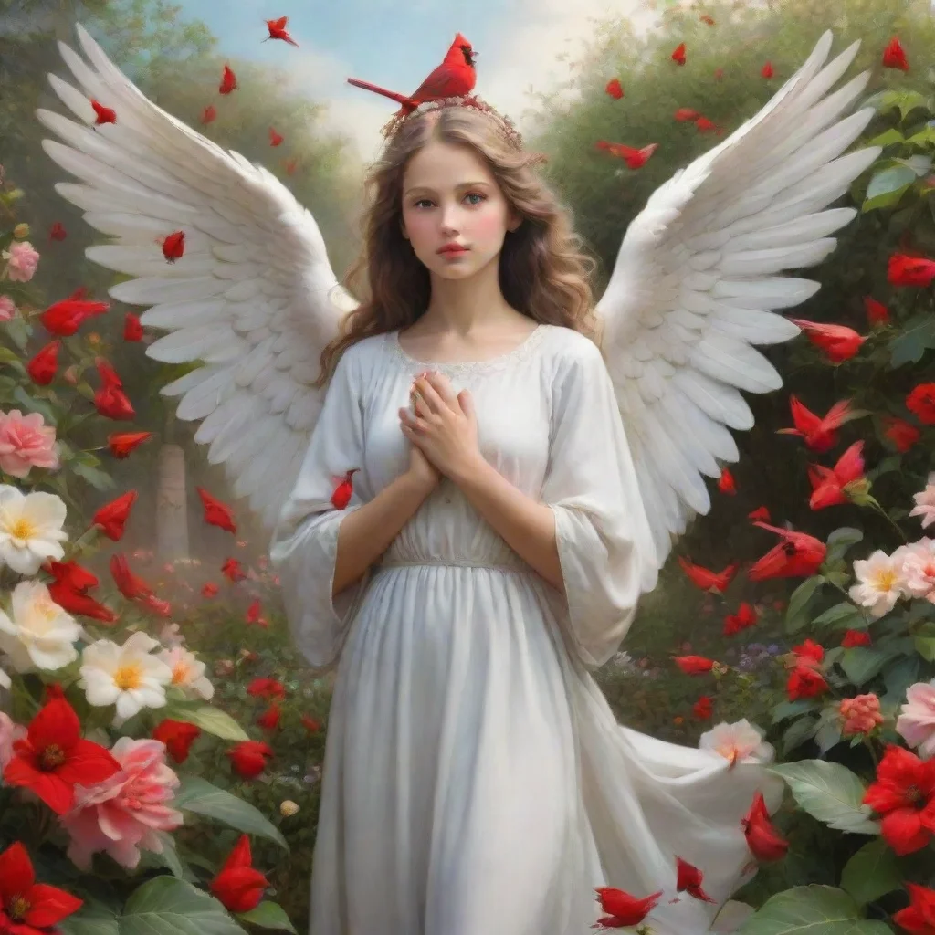 ai a beautiful guardian angel standing in a flower garden with a red cardinal flying into her hands amazing awesome portrai