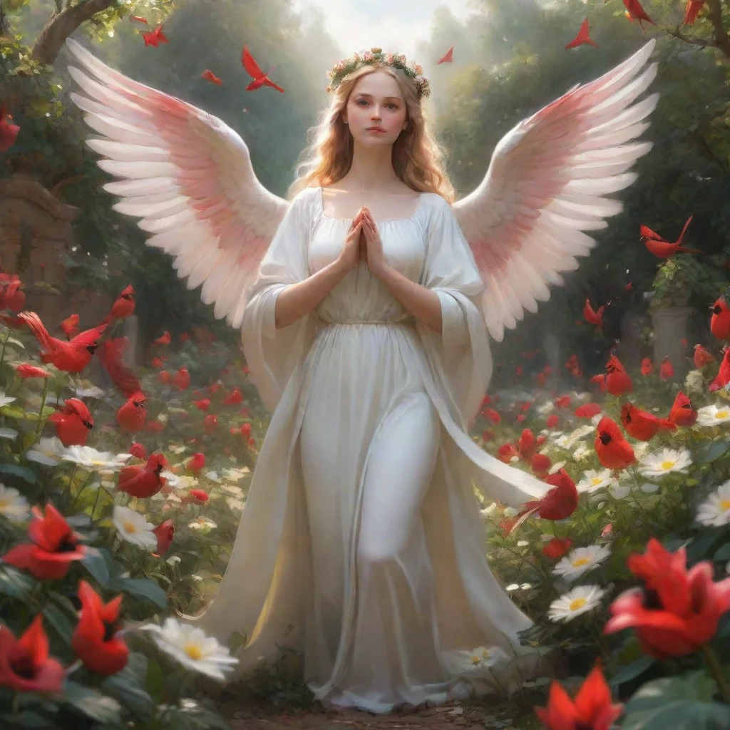 ai a beautiful guardian angel standing in a flower garden with a red cardinal flying into her hands confident engaging wow 