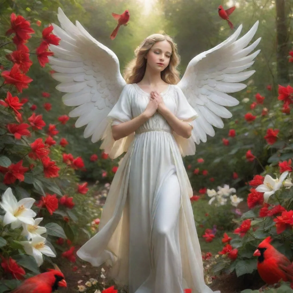  a beautiful guardian angel standing in a flower garden with a red cardinal flying into her hands good looking trending f