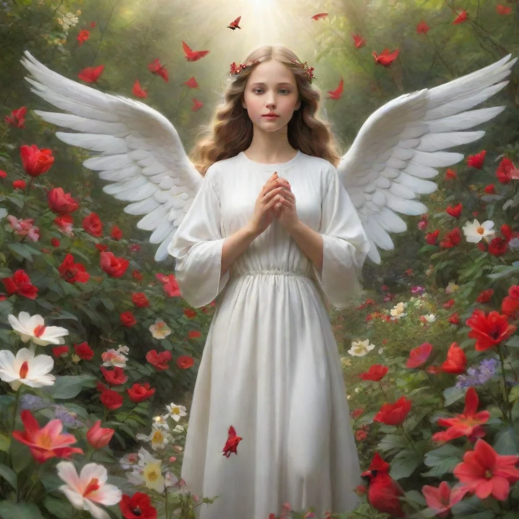  a beautiful guardian angel standing in a flower garden with a red cardinal flying into her hands
