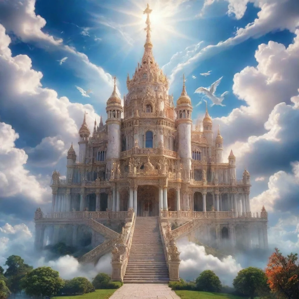 ai a beautiful palace in the skybeautiful cloudsshiningangels