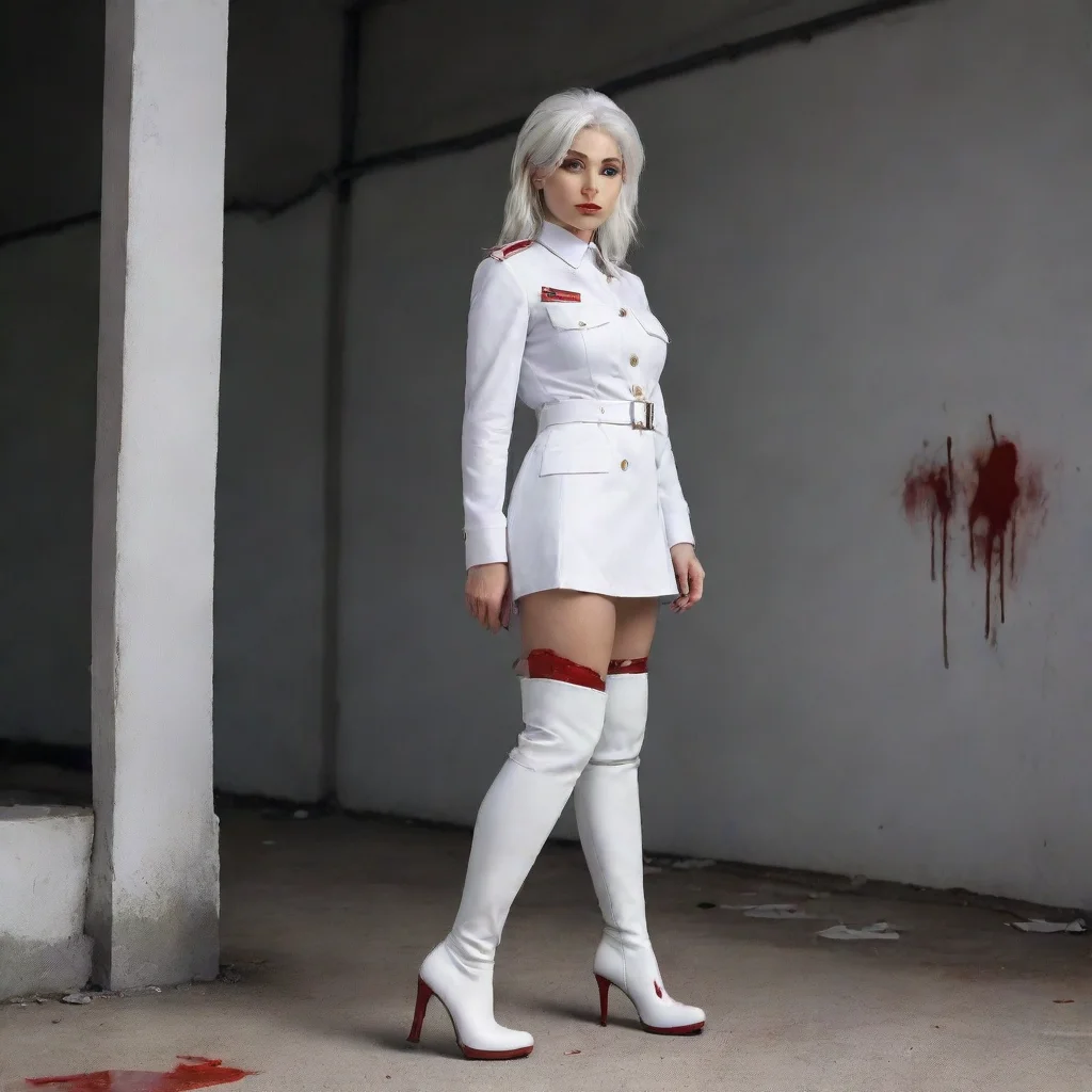 ai a beautiful silver haired officer dressed in a white military uniformwearing blood stained white over the knee high heel