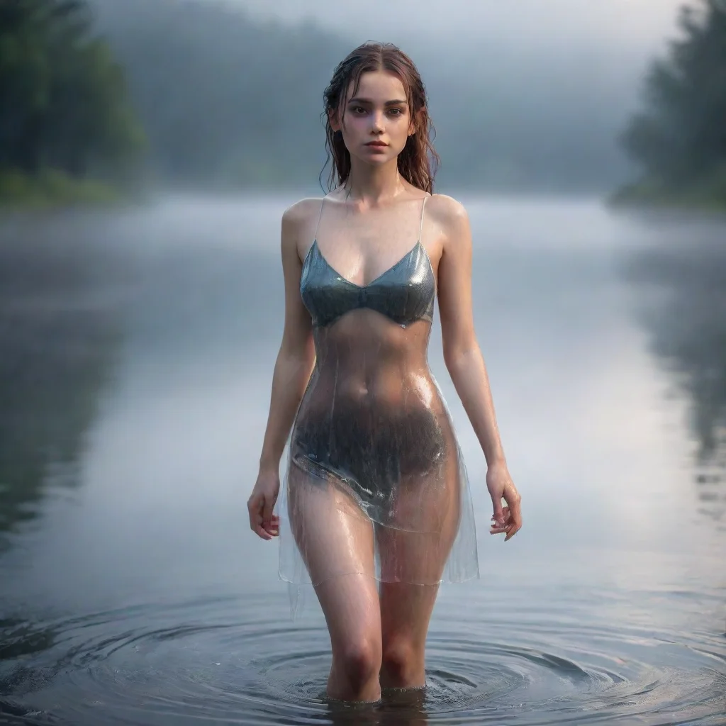 ai a beautiful young girl in a short wet transparent dress in a rainy foggy lake confident engaging wow artstation art 3
