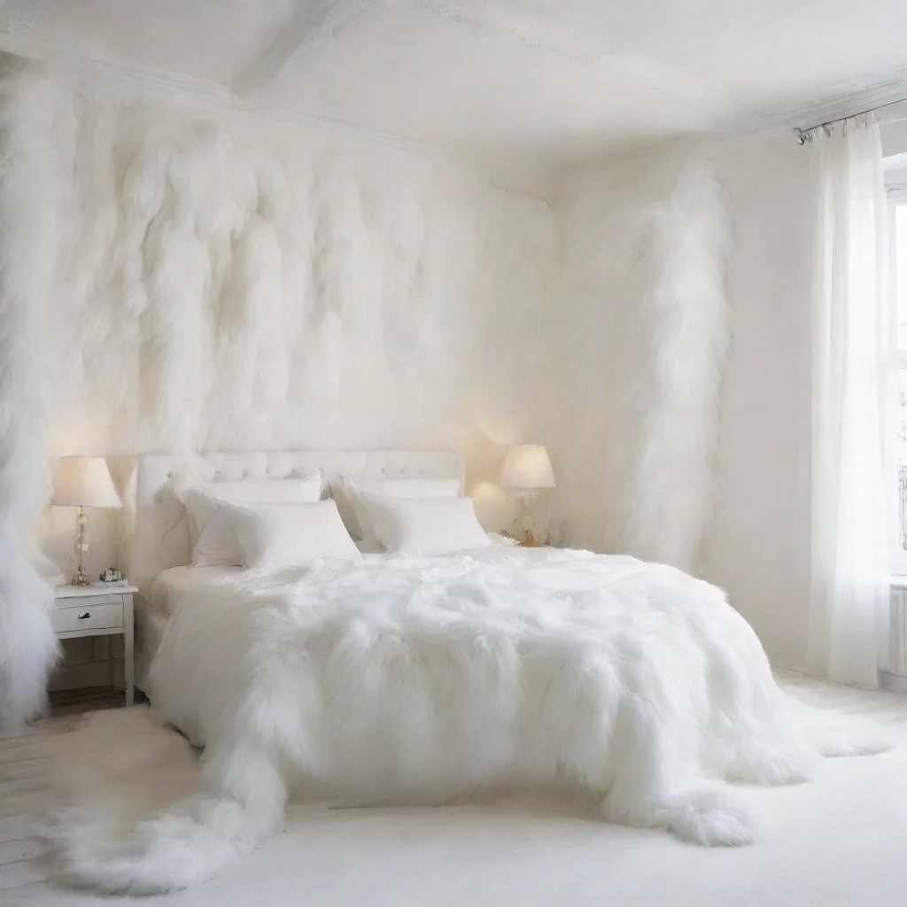  a bedroom covered in thick white fur everywhere