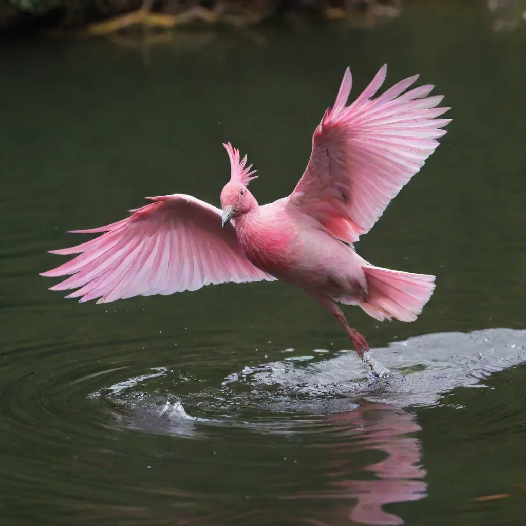 ai a bird with pink plumage dives under the water and catches fish