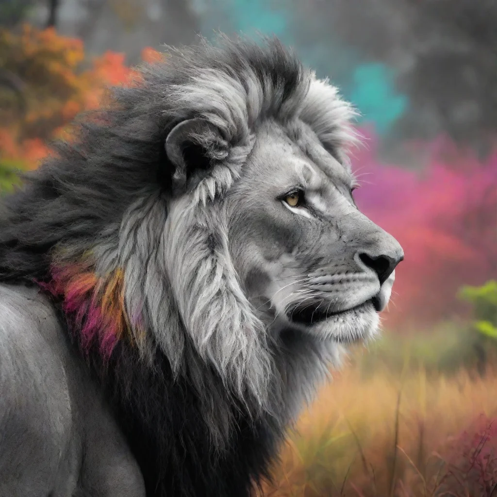 ai a black and white lion profile with a colorful overlay of a savanna jungle scenery confident engaging wow artstation art