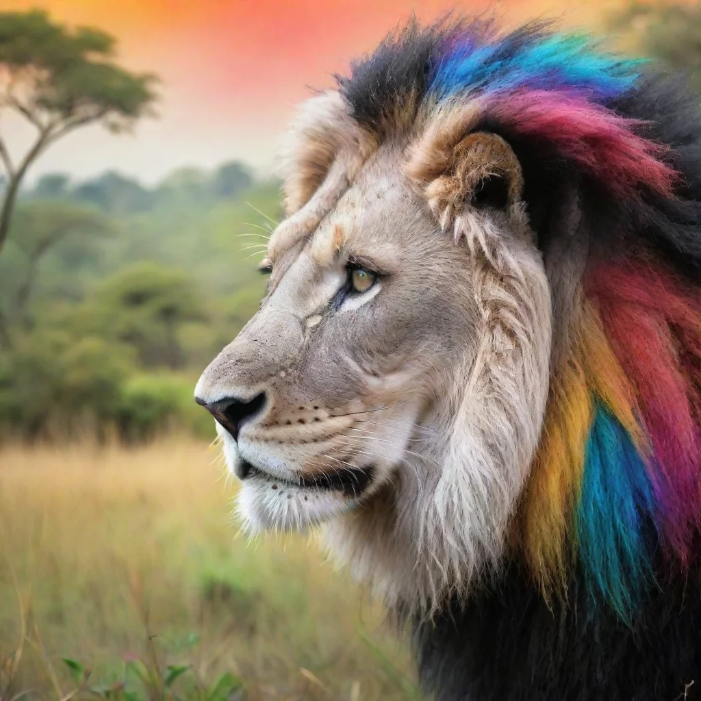 ai a black and white lion profile with a colorful overlay of a savanna jungle scenery