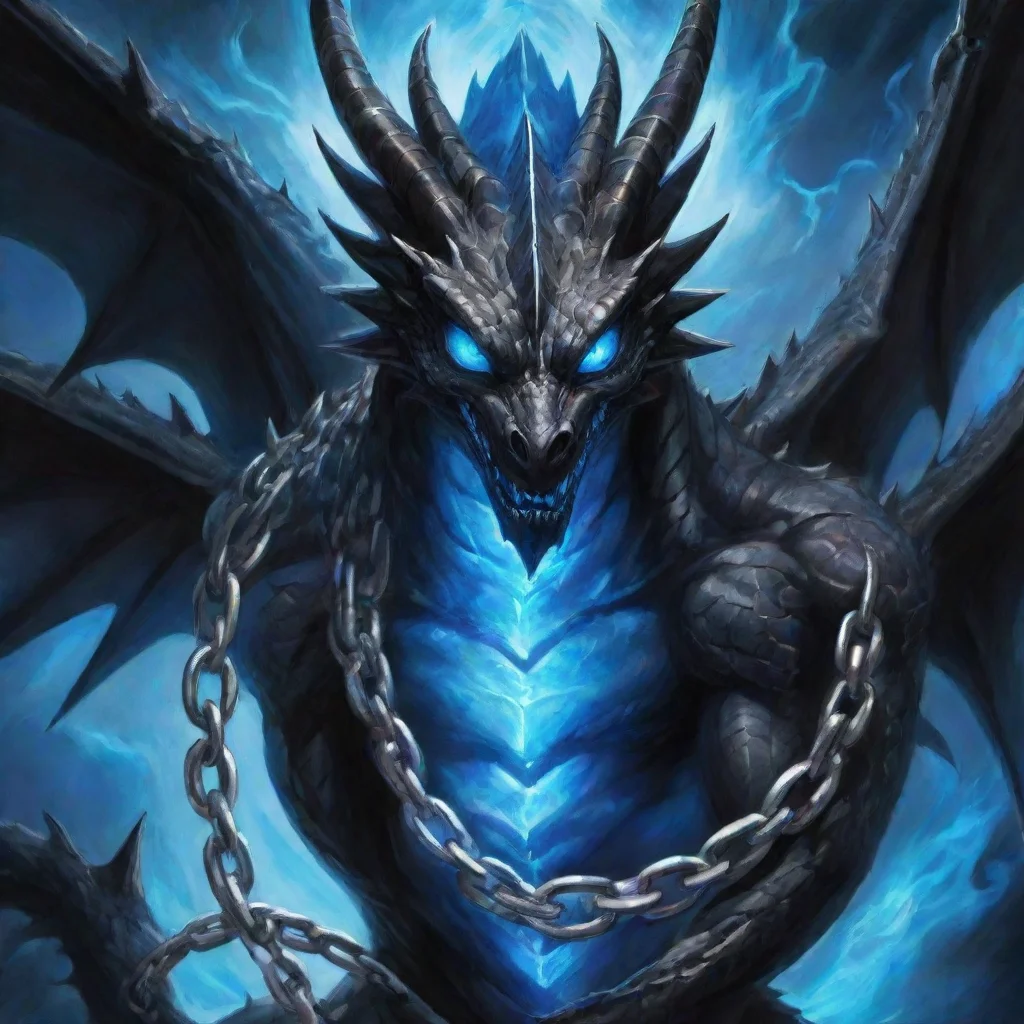 ai a black dragon with blue glowing eyes and a chain on its neck in yu gi ohart amazing awesome portrait 2