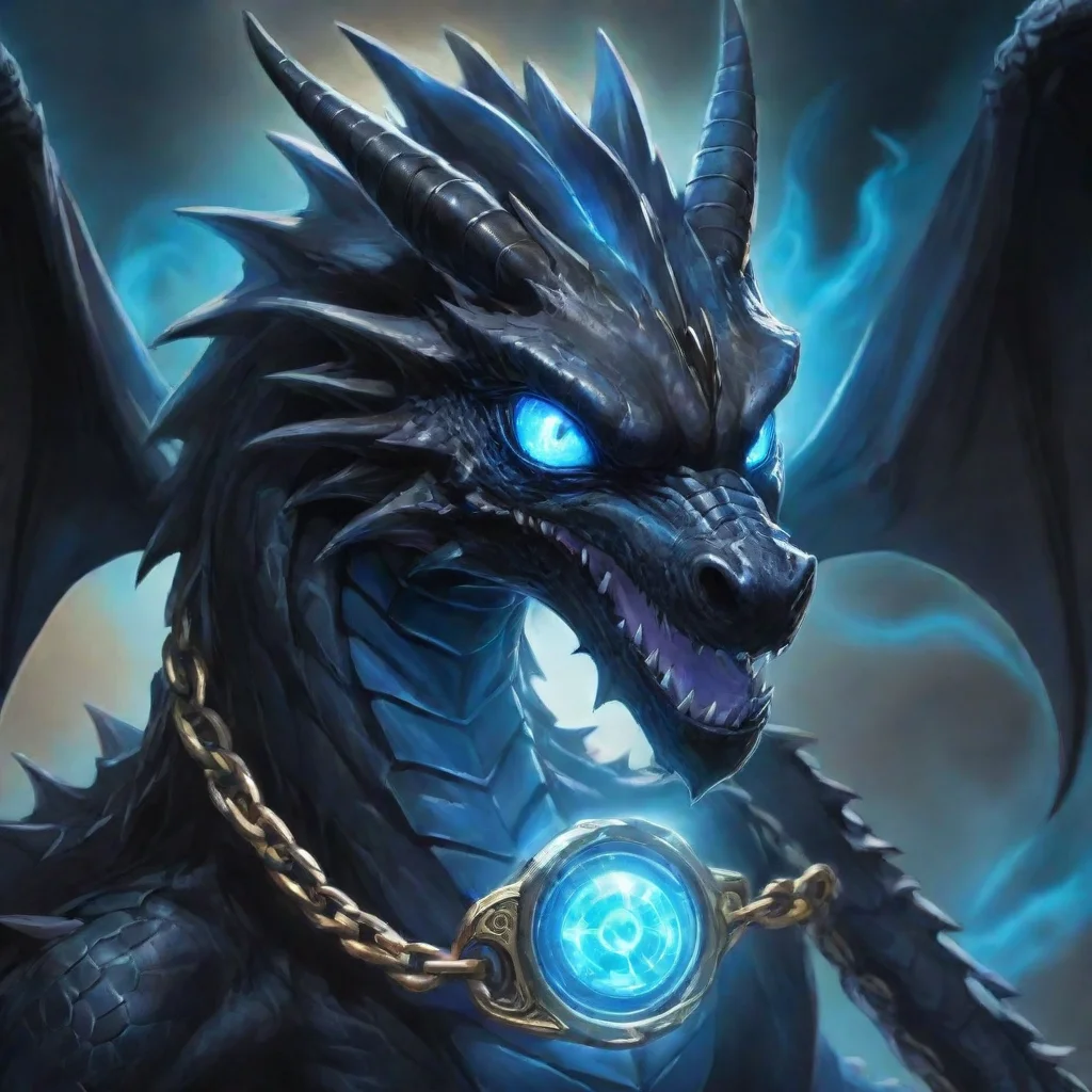  a black dragon with blue glowing eyes and a chain on its neck in yu gi ohart