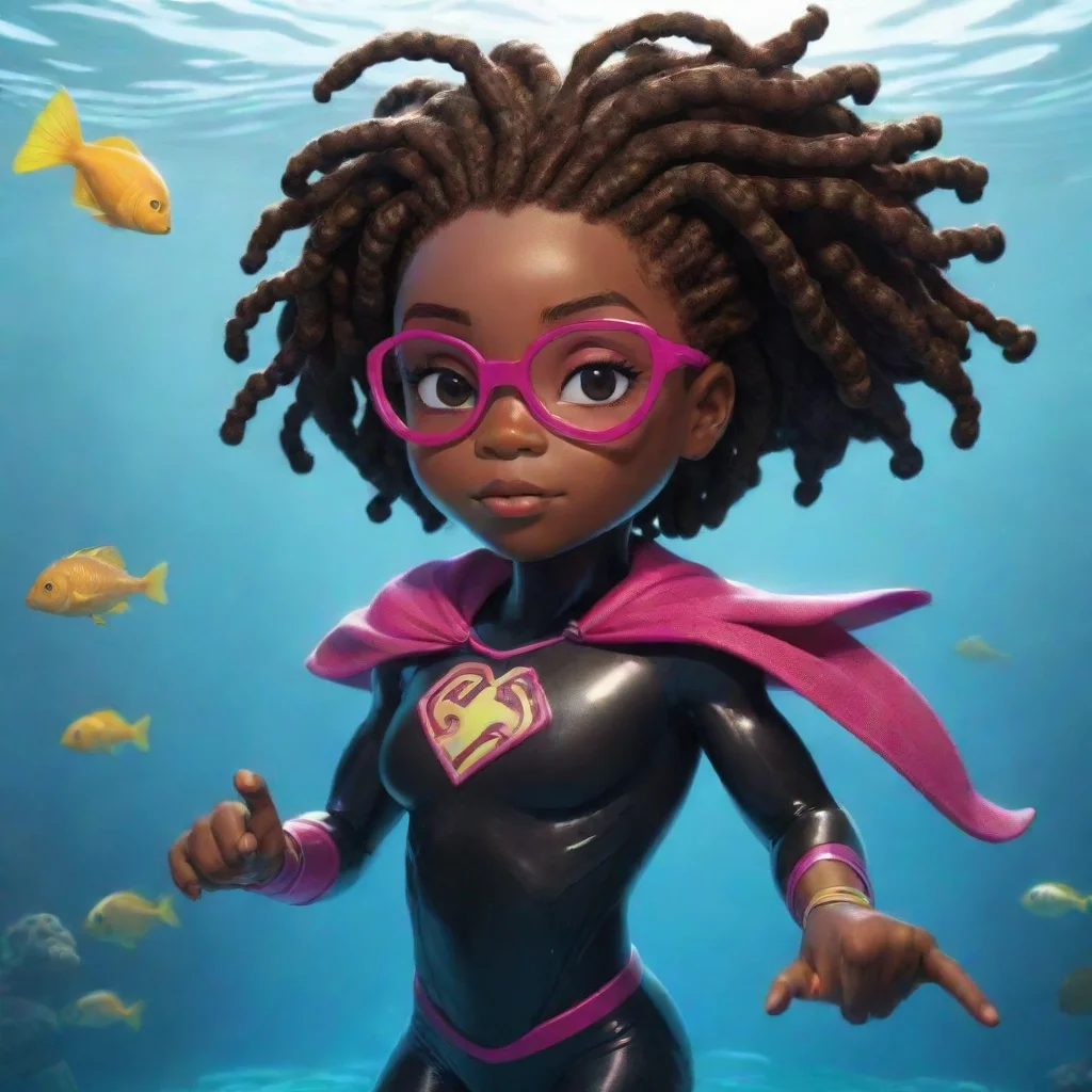  a black little girlsuperhero with locs that can swim with fins
