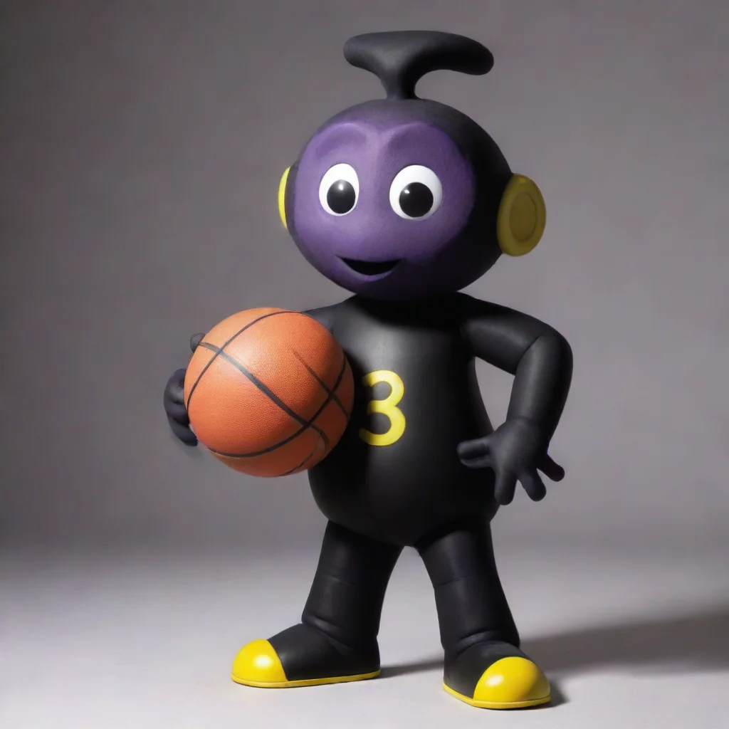  a black teletubby with a basketball as his symbol
