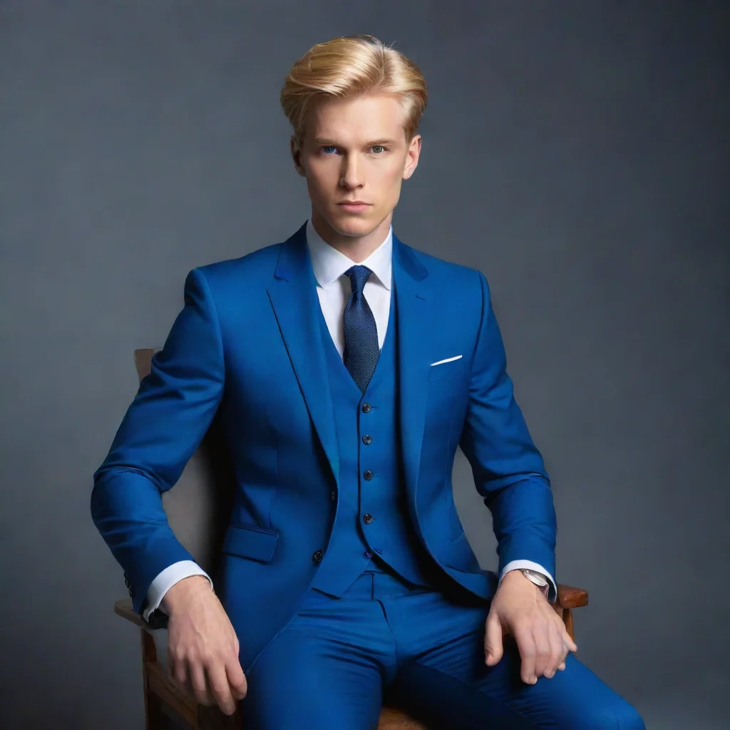 a blond man in blue suits sits on a chair amazing awesome portrait 2