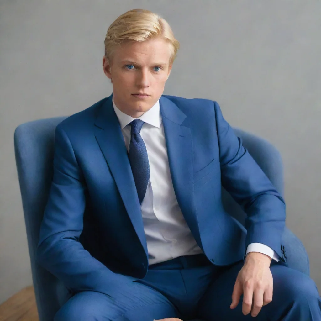  a blond man in blue suits sits on a chair