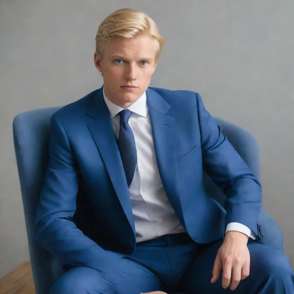 a blond man in blue suits sits on a chair