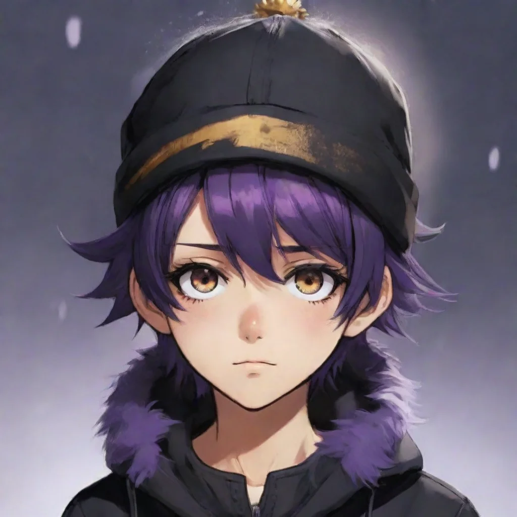 ai a boy of medium heightthin with dark purple hairvery short and messygolden eyeshas a black winter hat on his headhe is t