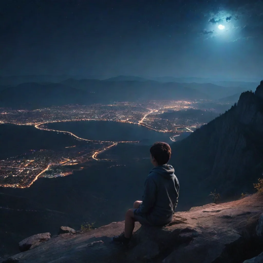 ai a boy withh car on a mountain edge looking at the city at night 