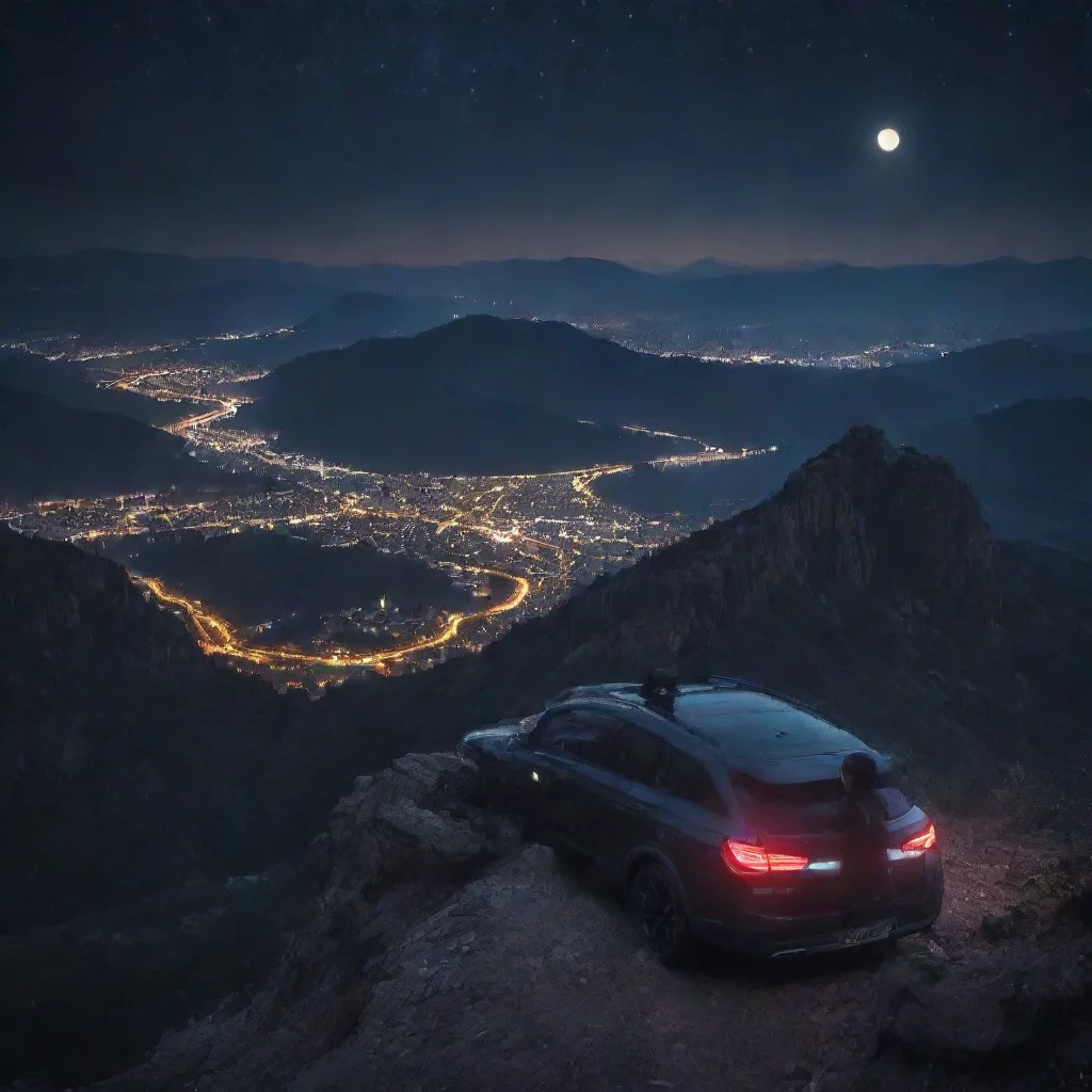 ai a boy withh car on a mountain edge looking at the city at nightgood looking trending fantastic 1