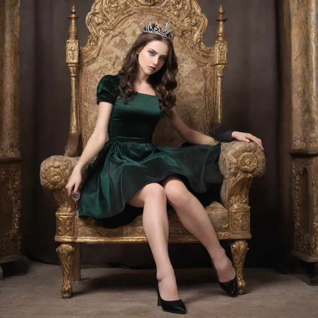  a brunette queen with green eyes sitting on a throne wearing black dress with short skirt and black shoes with her feet 