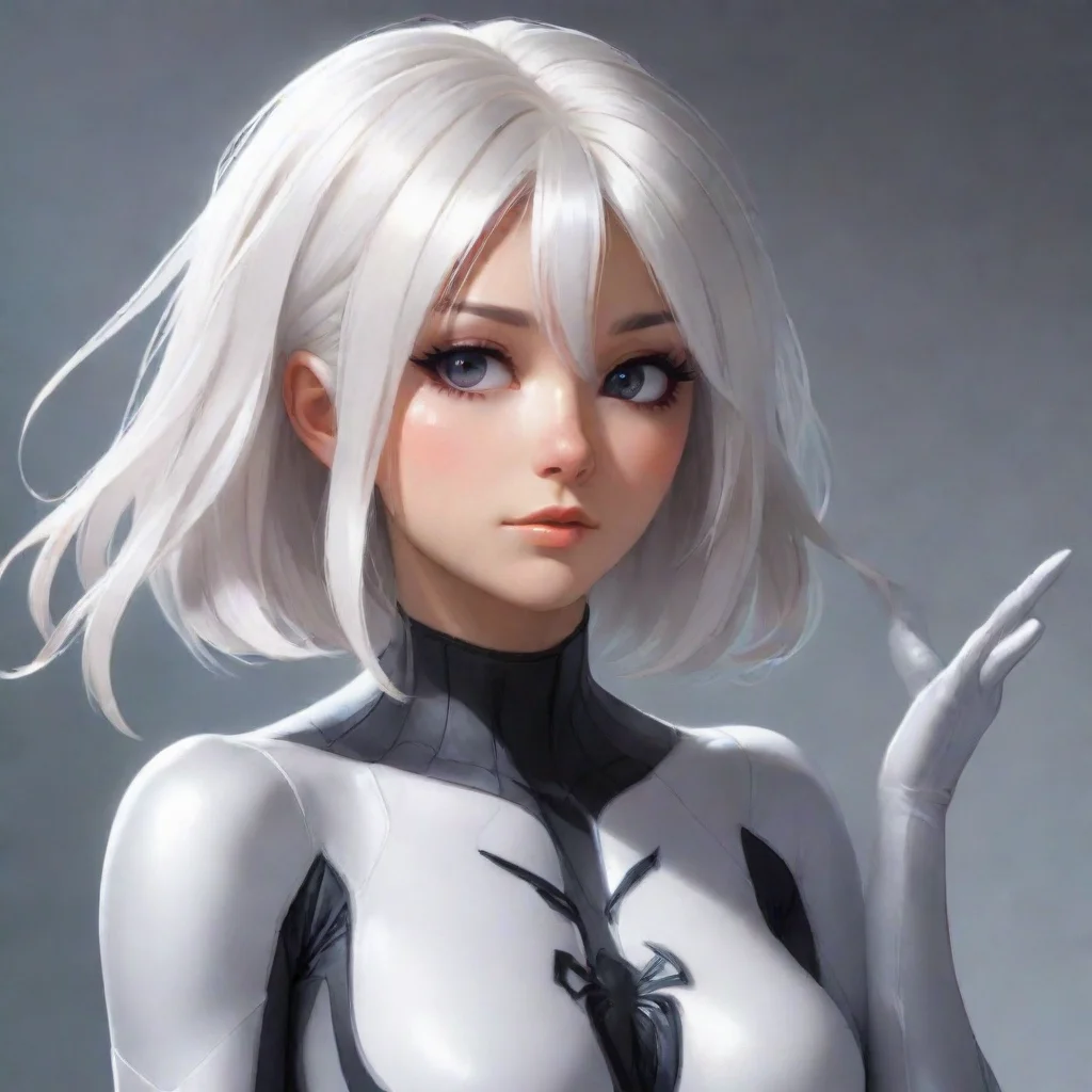 ai a cartoon character with white hair and a spider suit onposing for a picture with her hands on her headartgermstanley ar