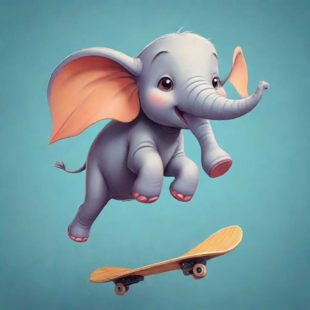 ai a cartoon elephant flying through the air on a skateboardprocess artflat shadingstorybook illustrationflat colors amazin