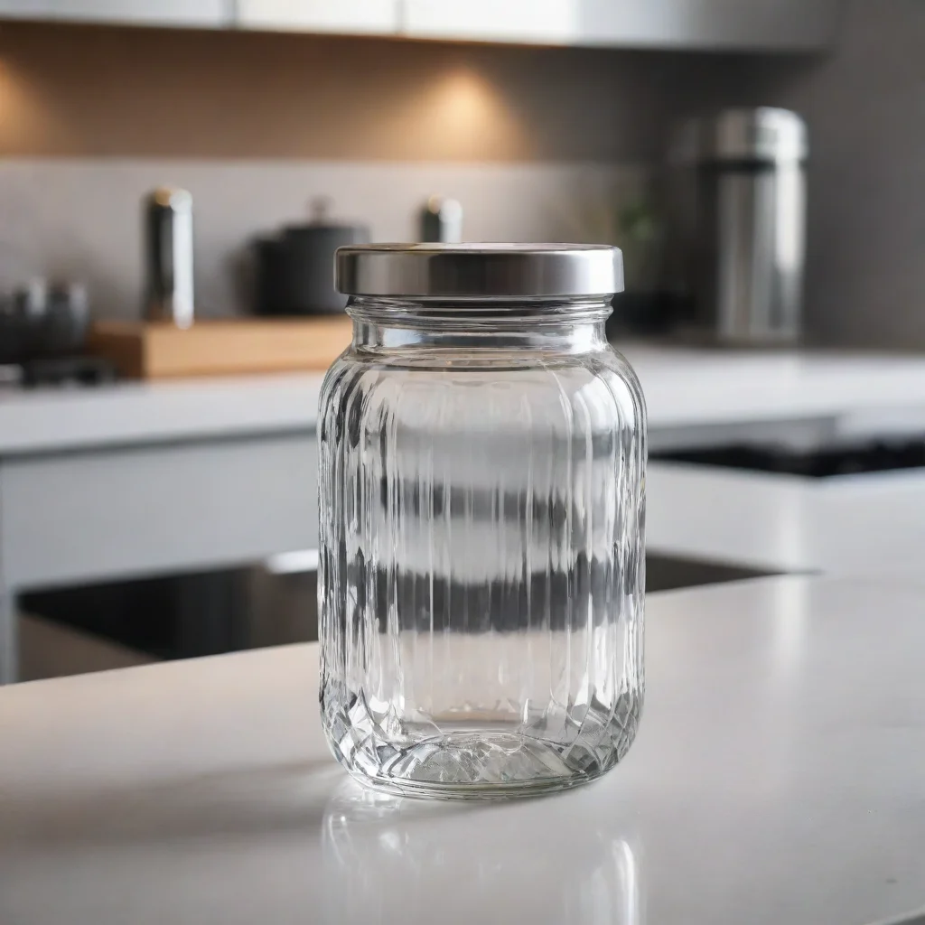  a clear crystal jar with aluminium lid being focused on 85mm portrait lenssitting on top of a kitchen counter of a high 