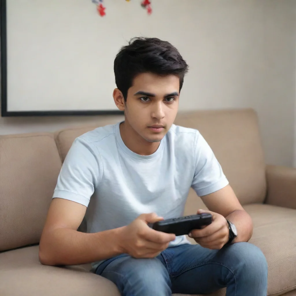 ai a college boy sitting on sofa and play game in mobilefront view4k reoulution good looking trending fantastic 1 wide