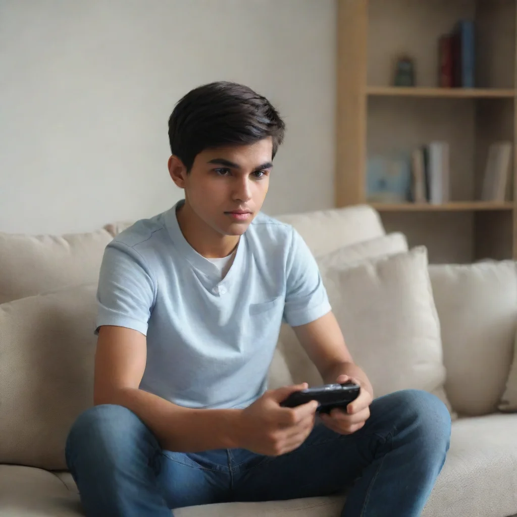 ai a college boy sitting on sofa and play game in mobilefront view4k reoulution wide