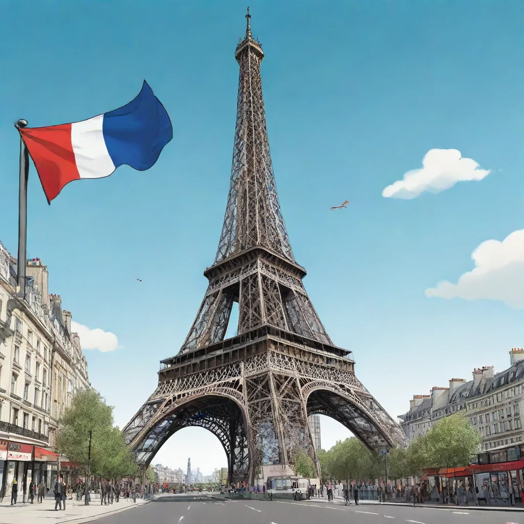  a comic style illustration of the eiffel towerthe tower is walking through london and is waving the french flag 