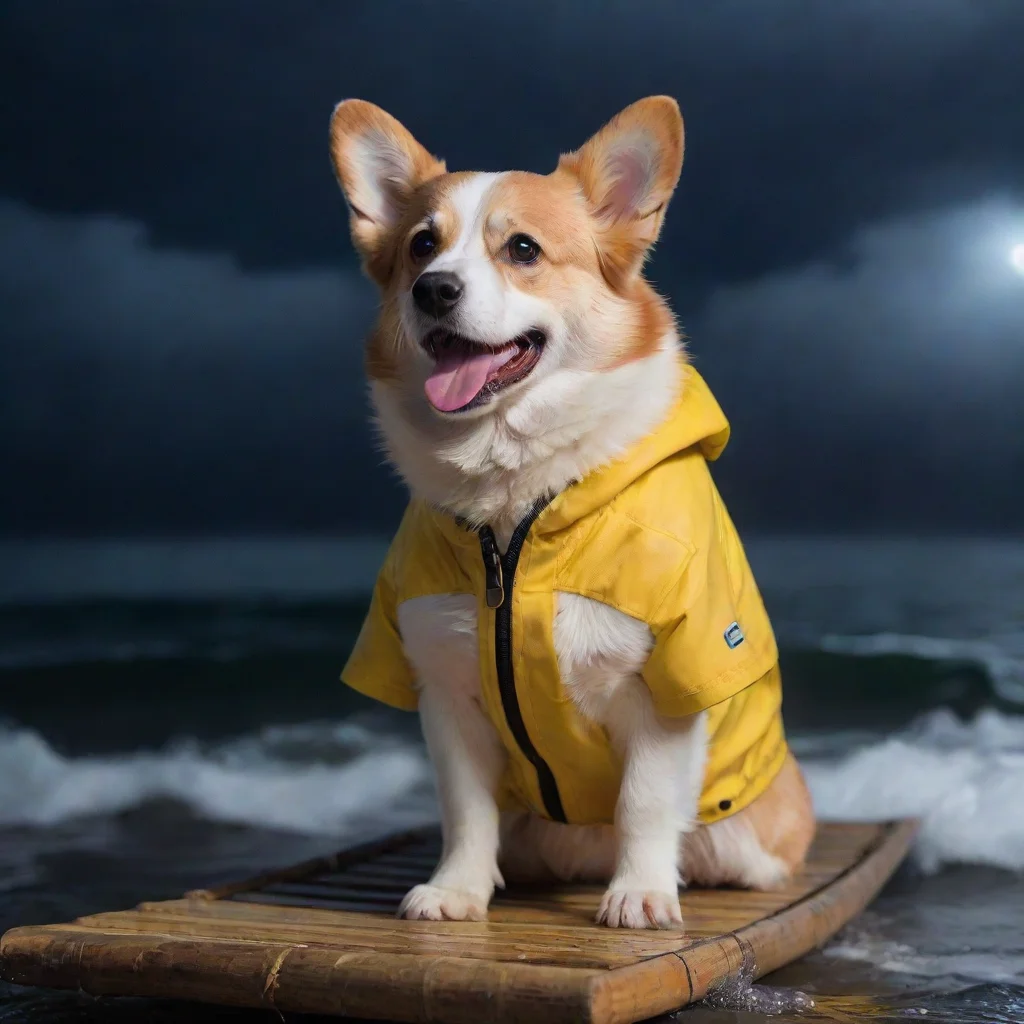 ai a corgi in a yellow jacket on a bamboo raft in the middle of a tormented ocean during night thunder amazing awesome port