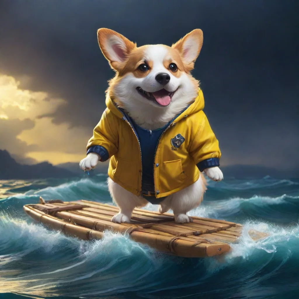  a corgi in a yellow jacket on a bamboo raft in the middle of a tormented ocean during night thunder confident engaging w