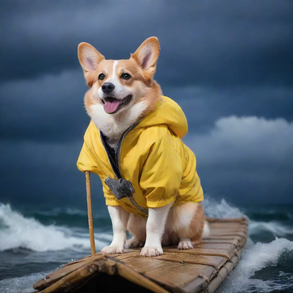 ai a corgi in a yellow jacket on a bamboo raft in the middle of a tormented ocean during night thunder good looking trendin