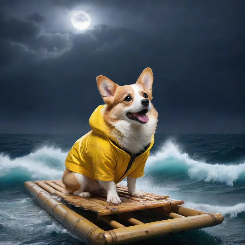 ai a corgi in a yellow jacket on a bamboo raft in the middle of a tormented ocean during night thunder tall