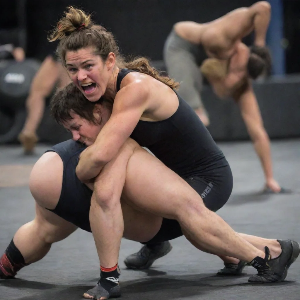  a crossfit woman wrestling a short guy