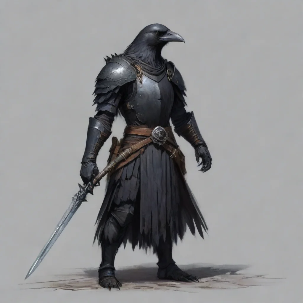 ai a crow person in a crow armour with a crow sword concept art