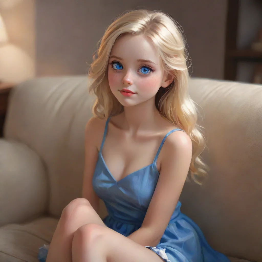  a cute blonde hair blue eyed girl in a short dress sitting on the couch eager to watch a movieslightly aroused confident