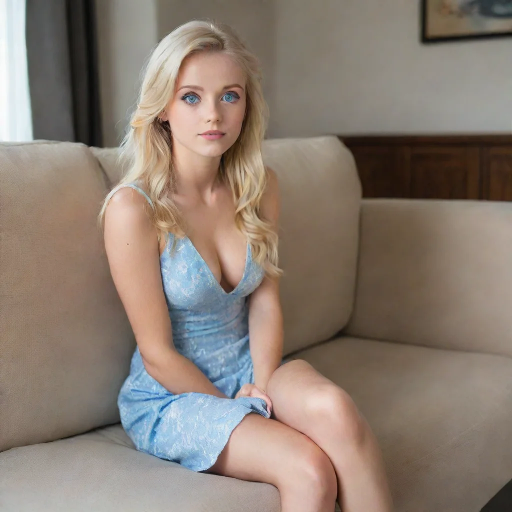  a cute blonde hair blue eyed girl in a short dress sitting on the couch eager to watch a movieslightly aroused