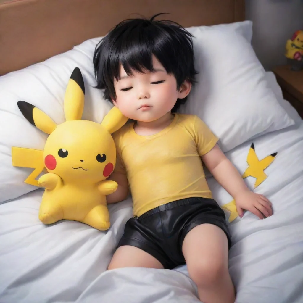  a cute little boy with black short hairsleeps with his shiny pikachu at midnight on the bedthe boy wearing a disposable 