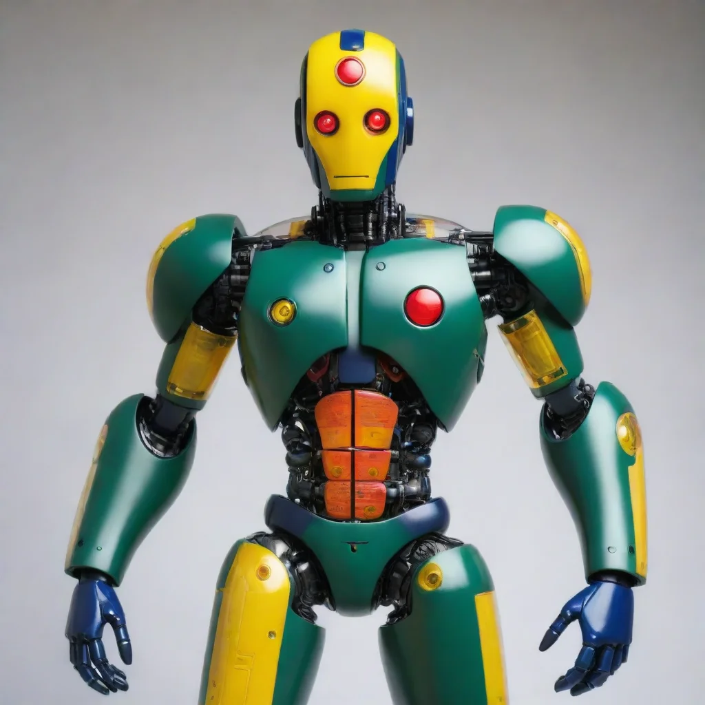 a dark green robot with navy blue forearmsa black head with transparent yellow face and transparent red on his thighsgro