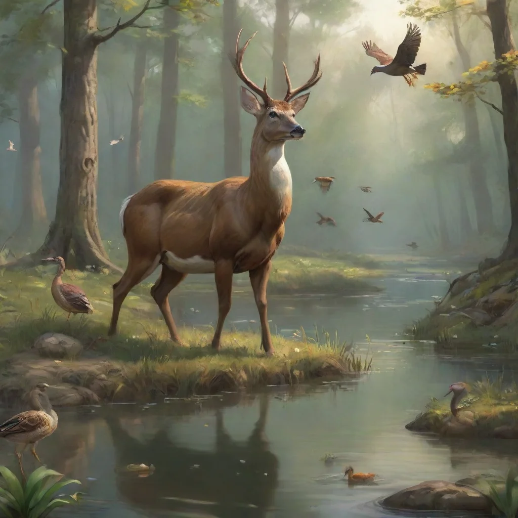 ai a deer and turkey and duck and flying ducks in the woods at a pond confident engaging wow artstation art 3