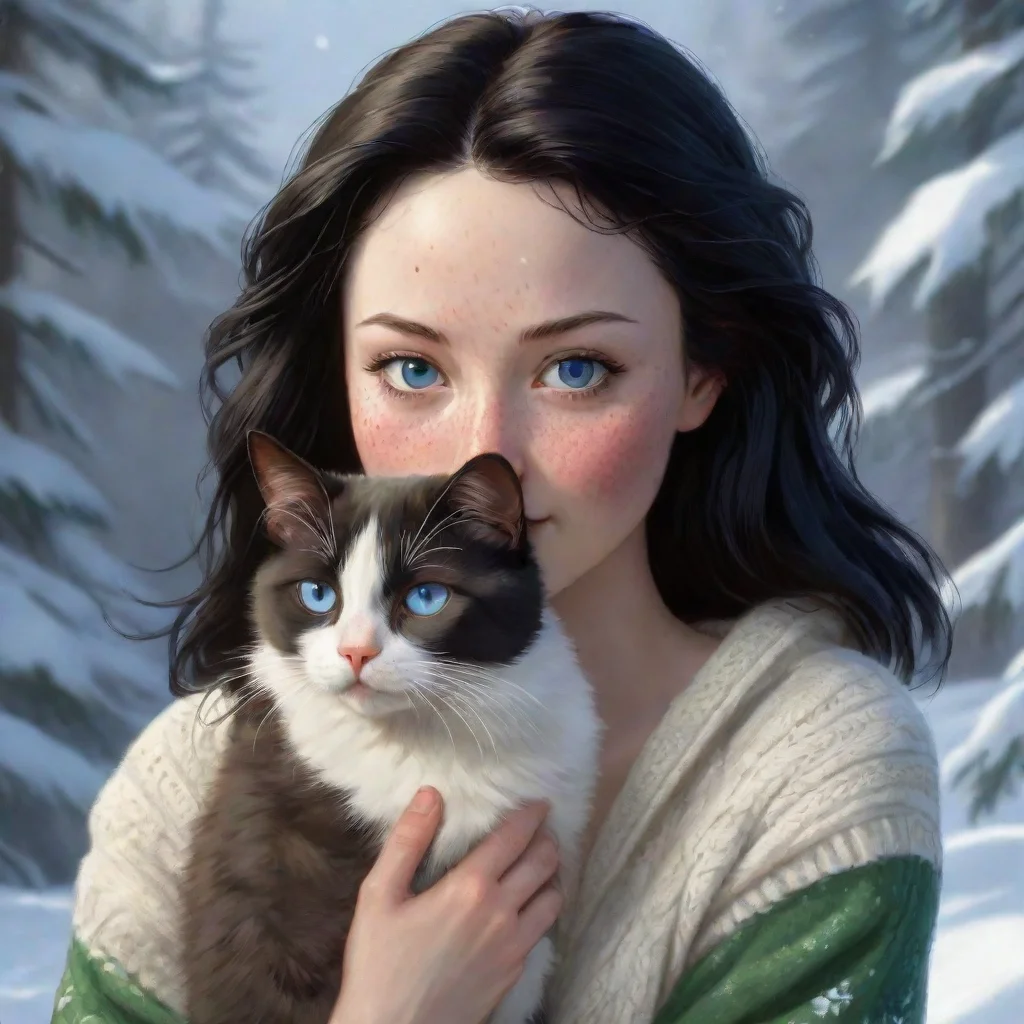 a detailed portrait of a pretty black hair irish woman with pale skin and freckles hugging a snowshoe siamese catillustr
