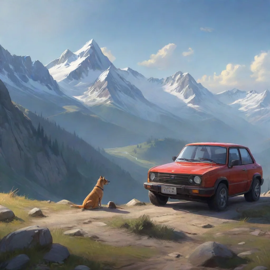 ai a dog visiting mountain with his car confident engaging wow artstation art 3 wide
