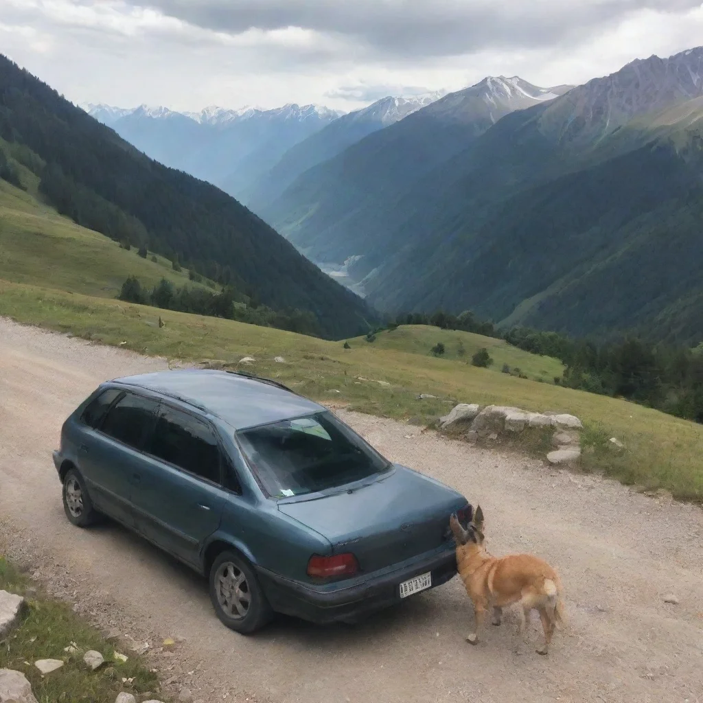 ai a dog visiting mountain with his car