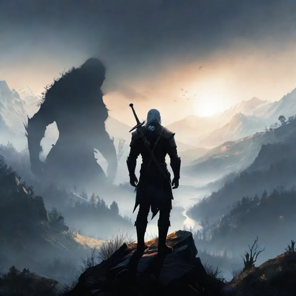  a double exposure illustration of the witcherwith a large geralt shadow at the backand a smaller silhouette of geralt st