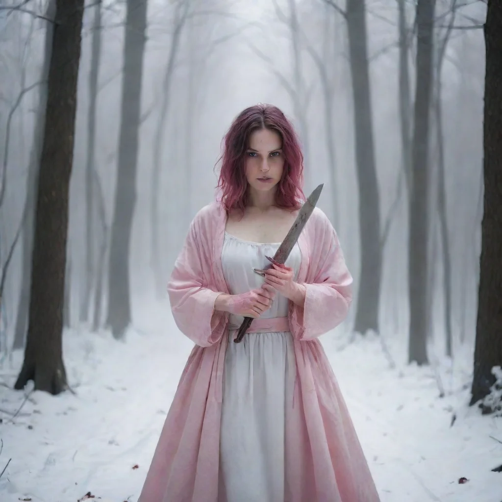 ai a dreamy muse dressed in pinkholding a big bloody knifein a dark foggy winter forestwith all kinds of white sheets hangi