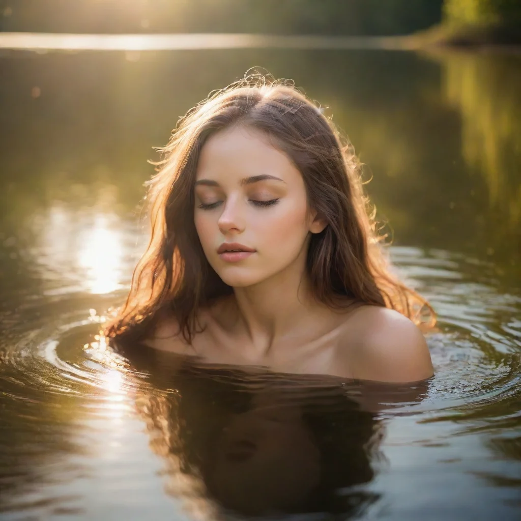  a dreamy young nymphher eyes closedbathed in the warm glow of sunlight smallidyllic lake good looking trending fantastic
