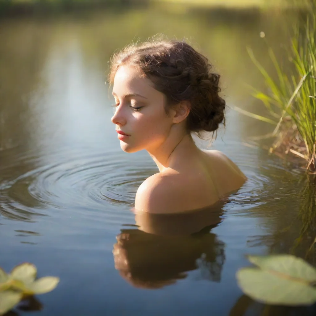  a dreamy young nymphher eyes closedbathed in the warm glow of sunlight smallidyllic lake