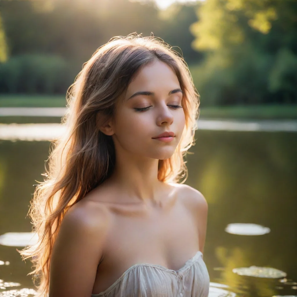  a dreamy young nymphher eyes closedwarm glow of sunlight smallidyllic lake good looking trending fantastic 1